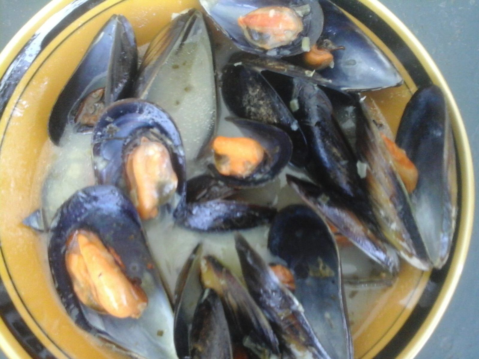 Moules cuites dans leur bouillon, servies dans une assiette creuse à bord jaune