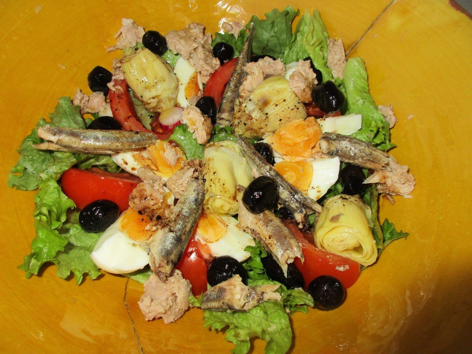 Salade niçoise au thon, anchois, œufs durs, artichauts crus, tomates et olives noires sur un lit de salade